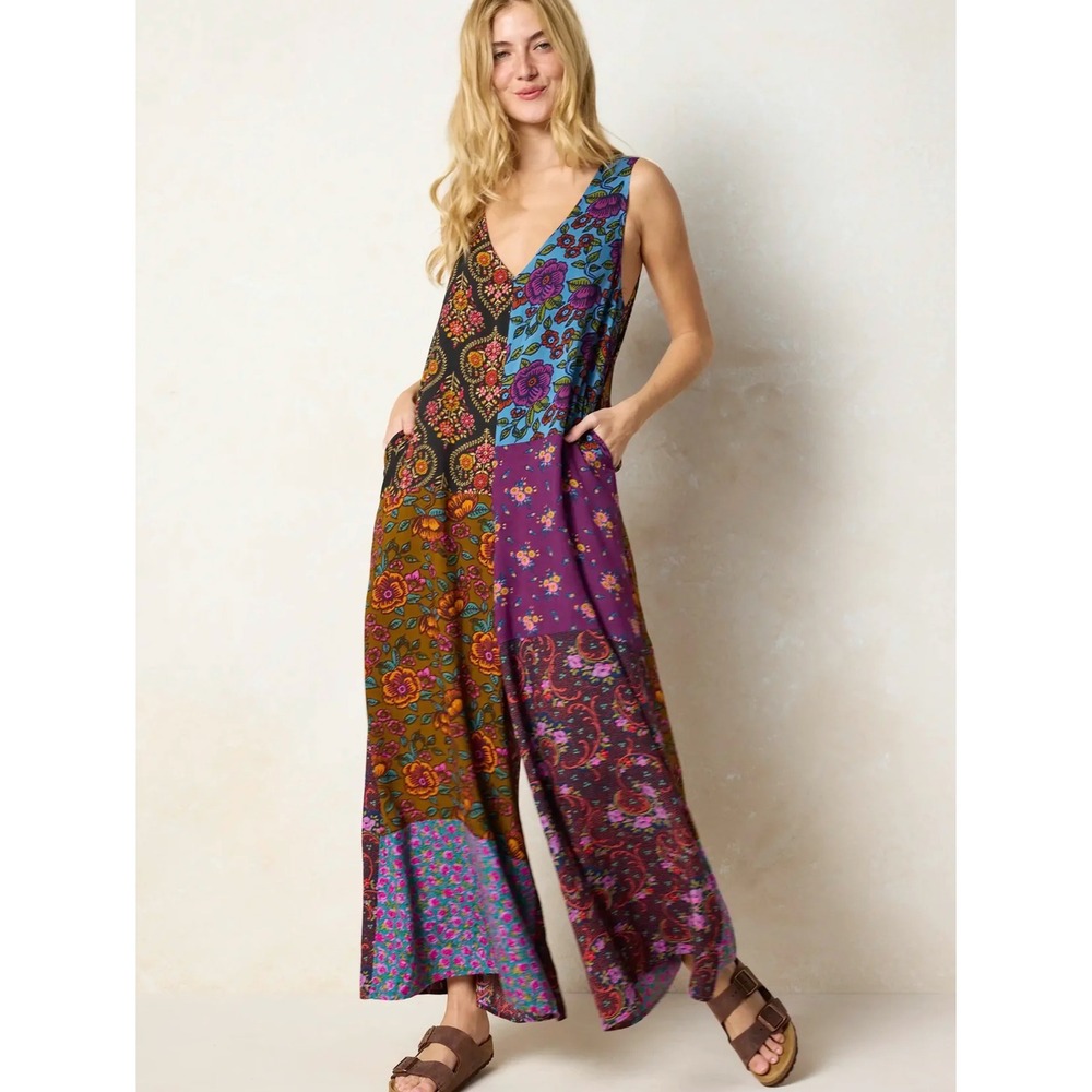 Natural Life Let's Just Go Wide Leg Jumpsuit Patchwork Floral Boho Womens Size M